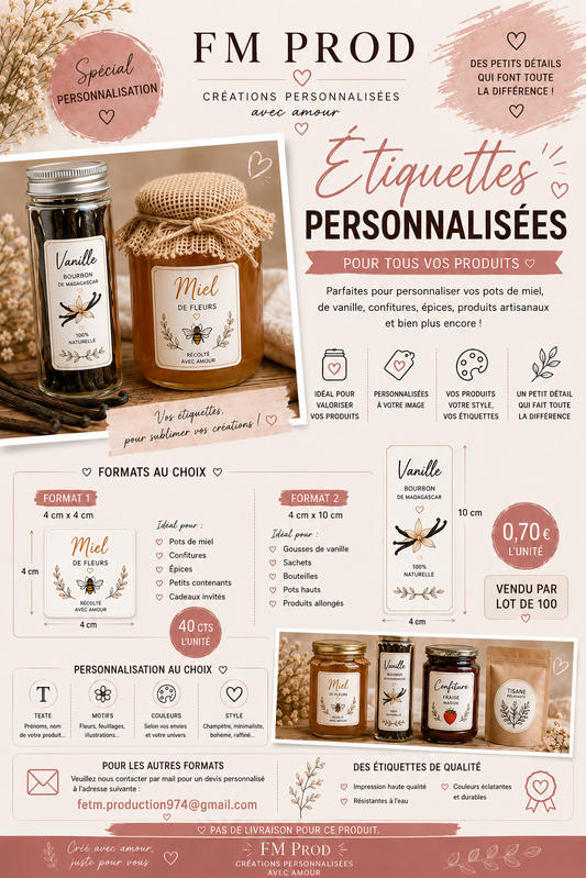ETIQUETTES PERSONNALISEES ( 4cm par 4cm ) LE LOT DE 100