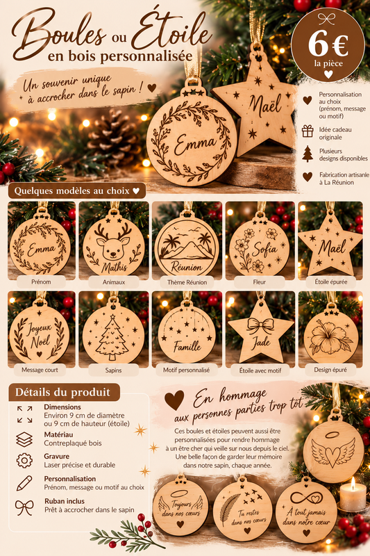 BOULES ou ETOILES DE NOEL EN BOIS SIMPLE